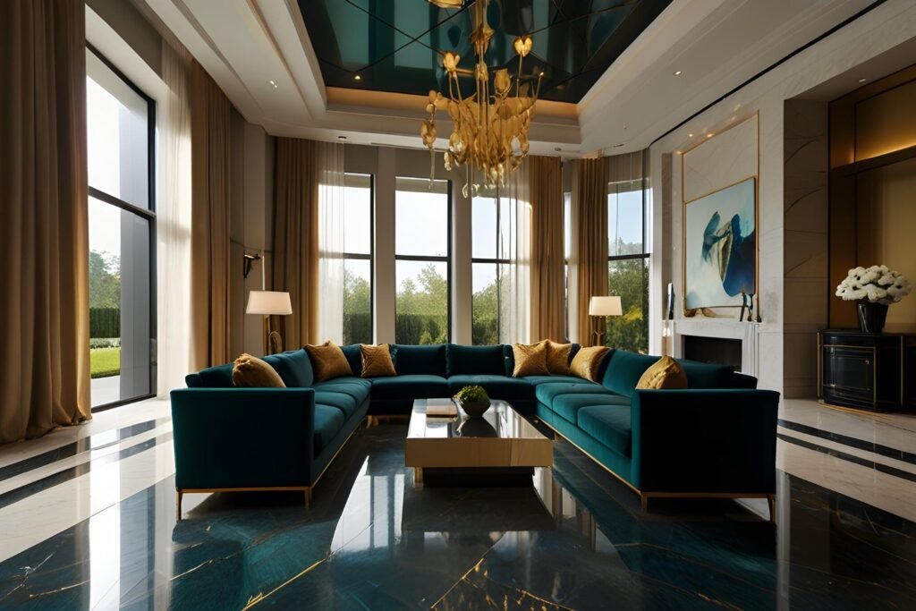 Living room with tall windows, a green sectional sofa and a chandelier