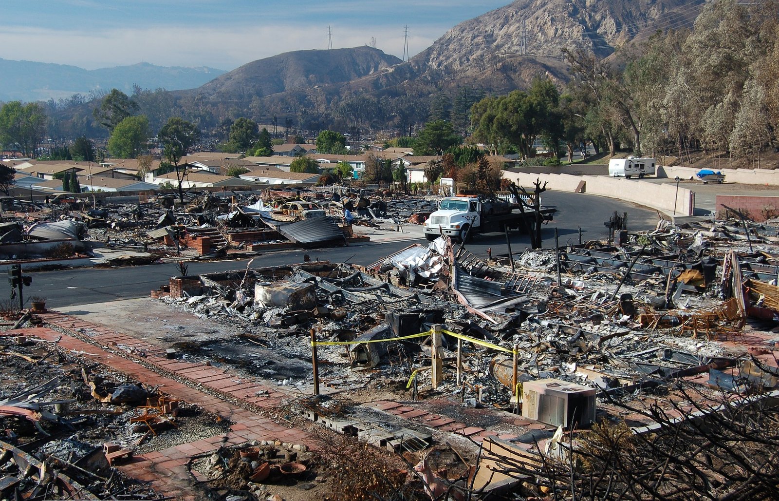 Burned and destroyed buildings after a fire incident