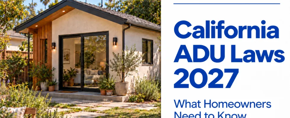 Illustration of a California backyard ADU beside the title California ADU Laws 2027