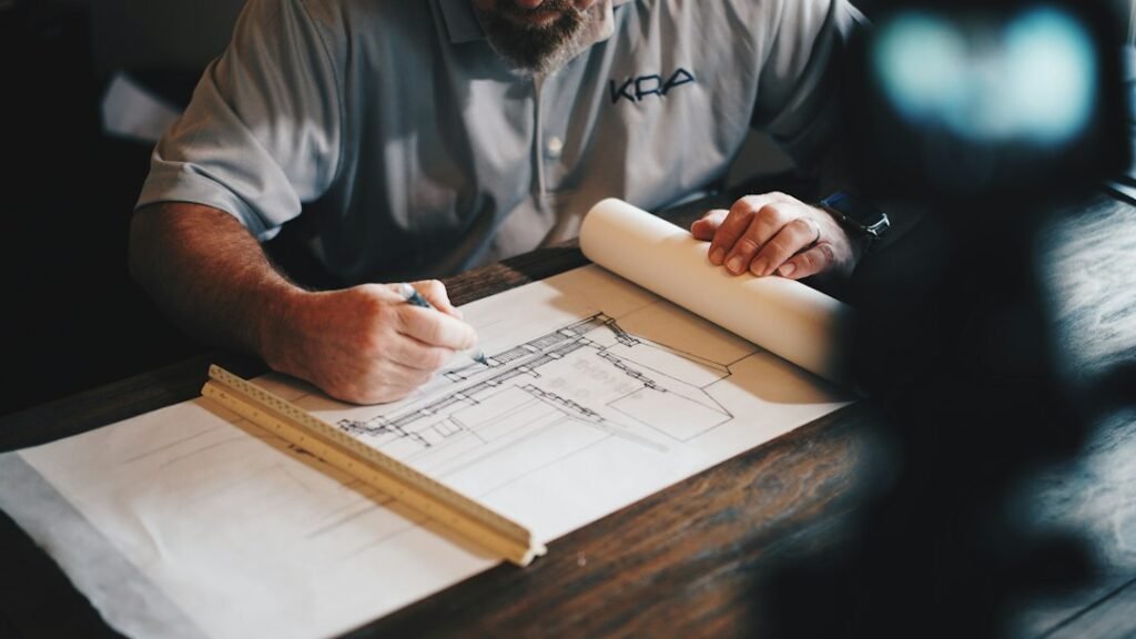 Architectural planning workspace photograph, illustrative imagery